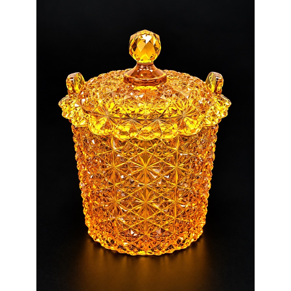 Vintage Amber Glass Biscuit Jar Daisy and Button Pattern Lidded Canister 6in